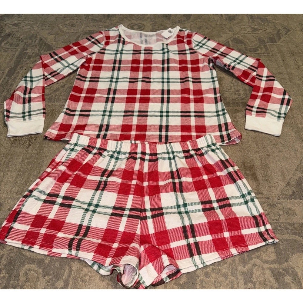 Old Navy Womens Sz Medium Waffle Pajama Shirt & Shorts Red Green White‎ 2-piece